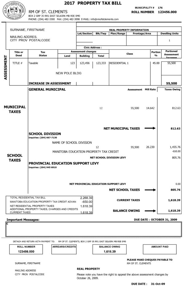 Sample Tax Bill – Rural Municipality of St. Clements