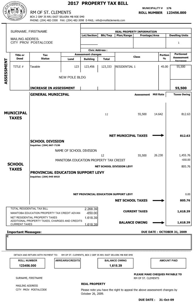 Sample Tax Bill – Rural Municipality of St. Clements