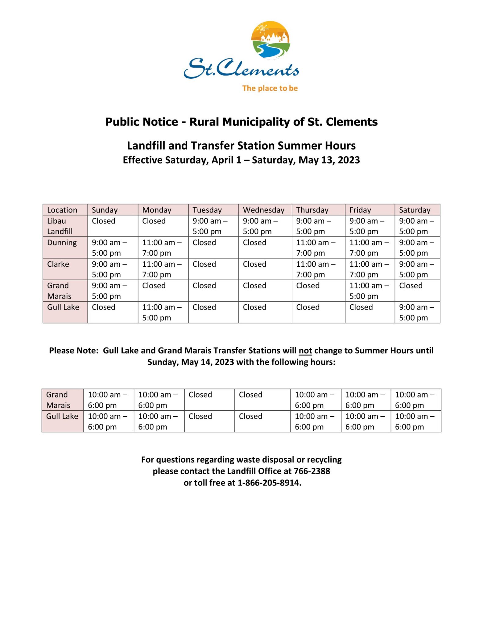 Landfill and Transfer Station Summer Hours beginning April 1st Rural